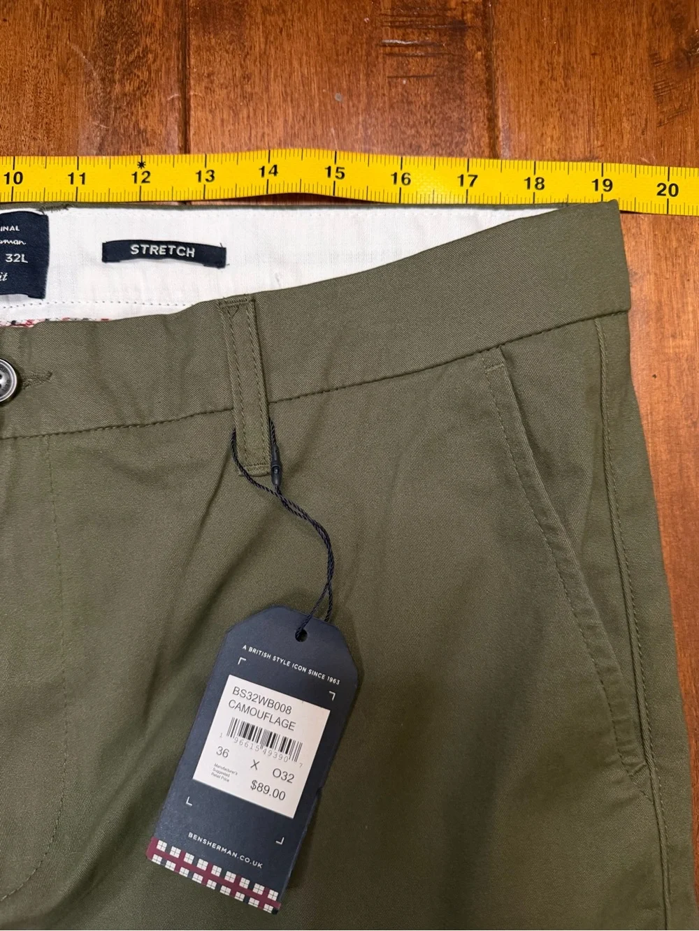 Ben Sherman Olive Green Stretch Chino Pants Men 36x32 Slim Fit
